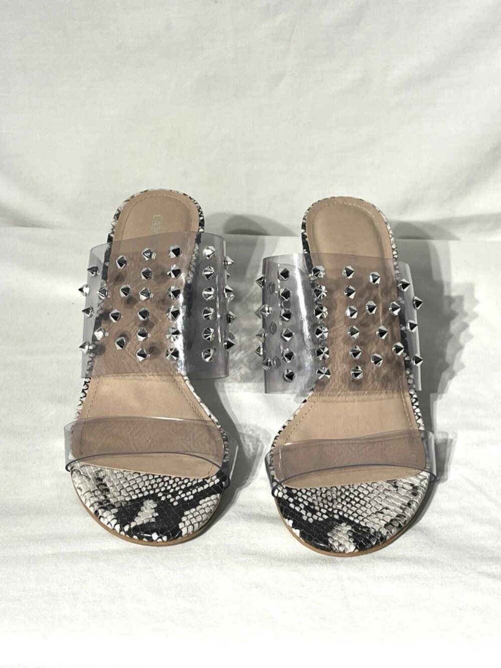 Carvela Studded Clear & Snake Print Block Heel Slip On Sandals sz 8.5 - 9